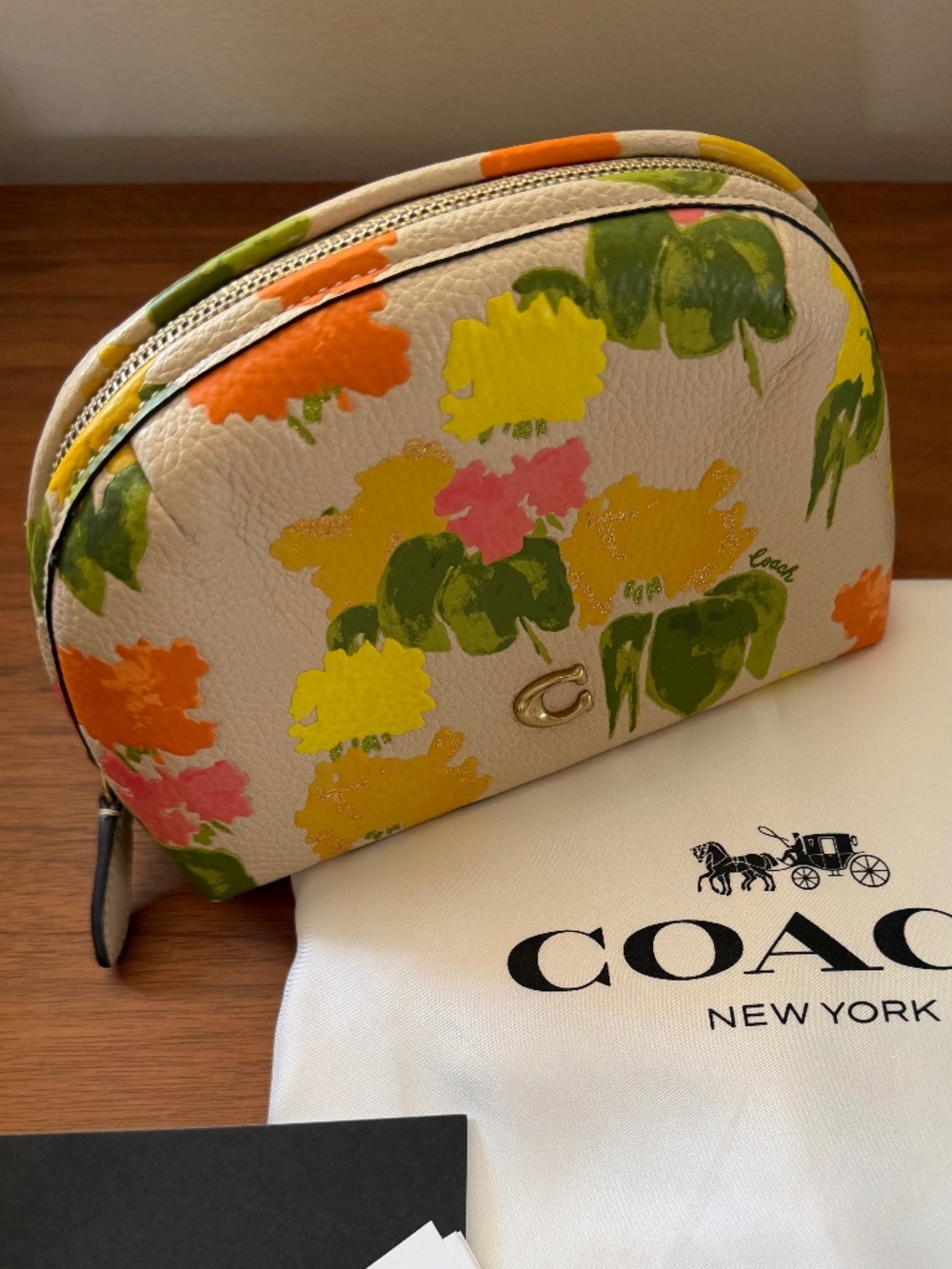 Coach Floral Print Cosmetic Case Makeup Bag + Dust Bag & Papers